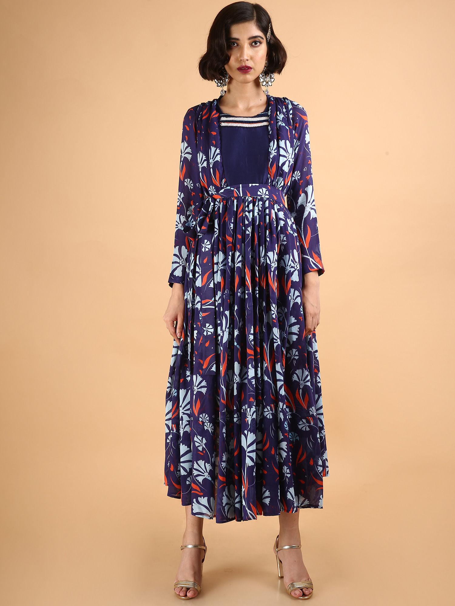 blue carnations flare printed dress - customisable