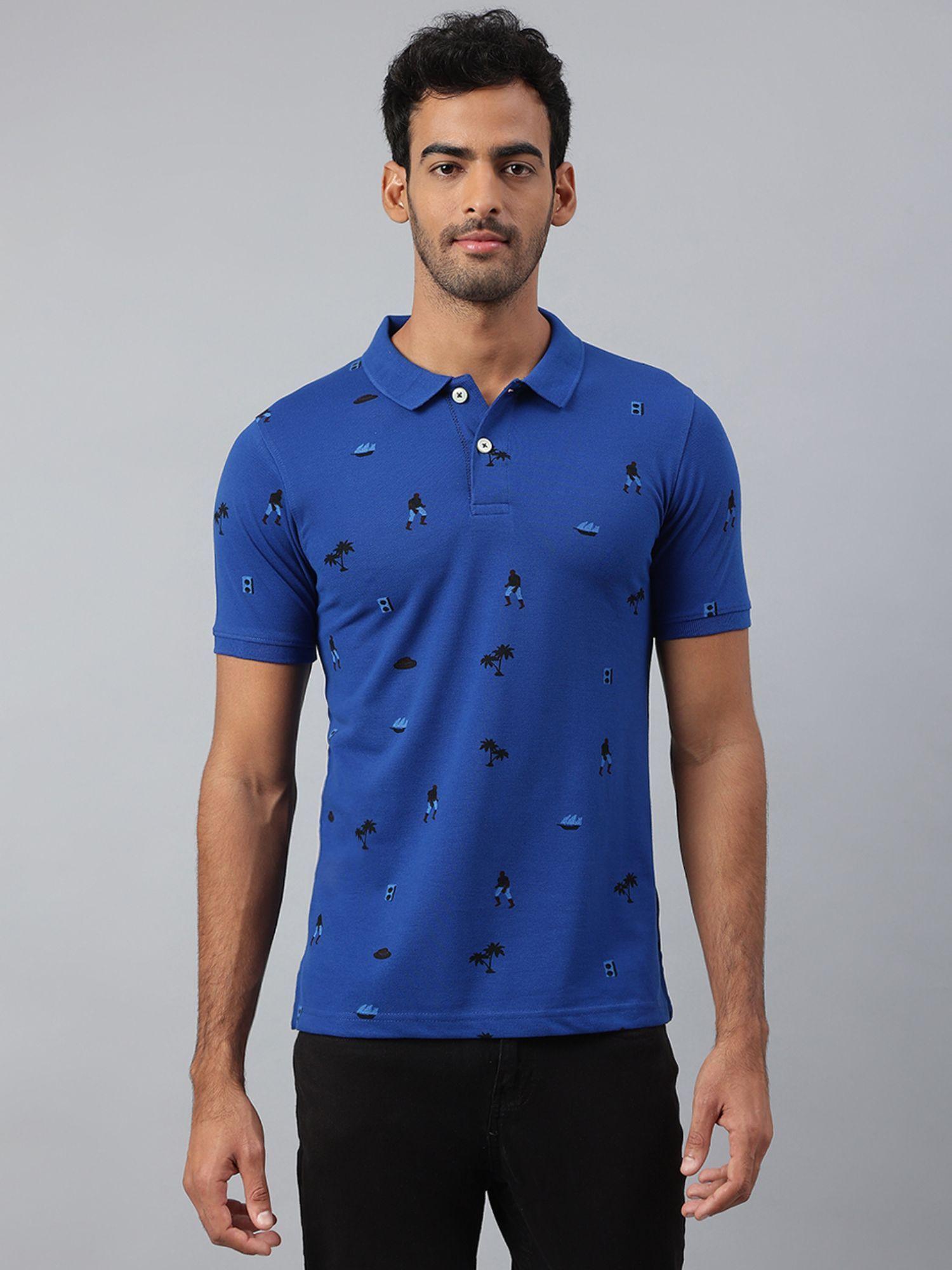 blue casual polycotton printed slim half sleeves collar neck t-shirt