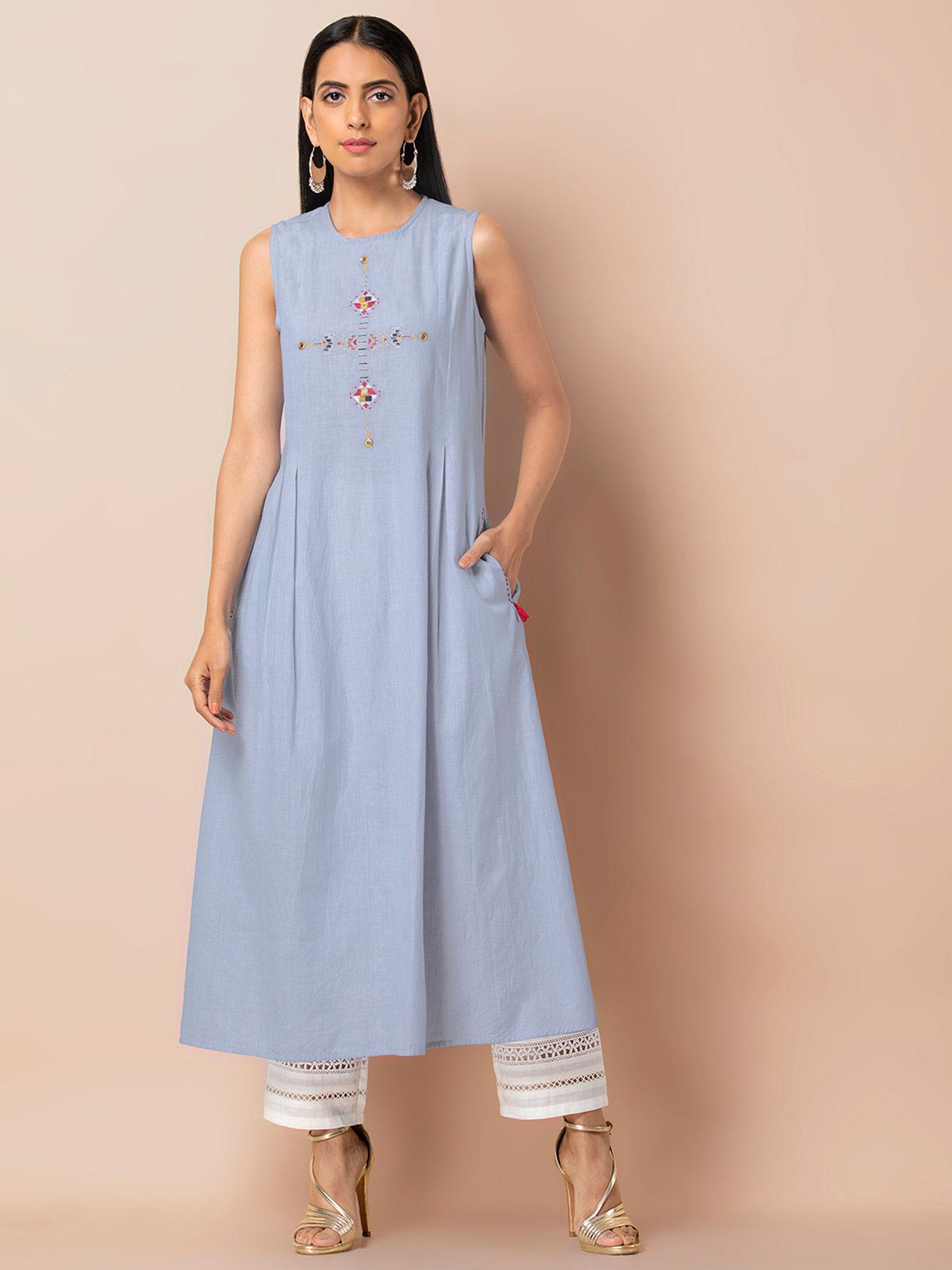 blue chambray embroidered a-line tunic