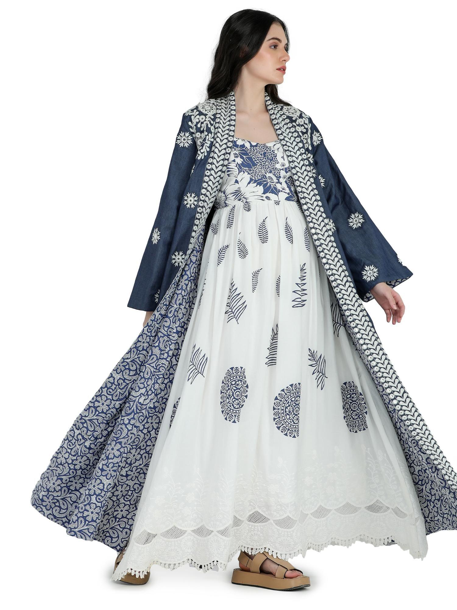 blue chambray embroidered and printed long jacket