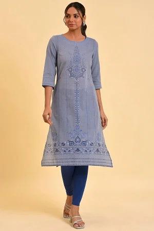 blue chambray printed kurta