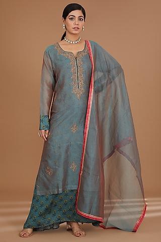 blue chanderi & satin dori embroidered layered kurta with dupatta