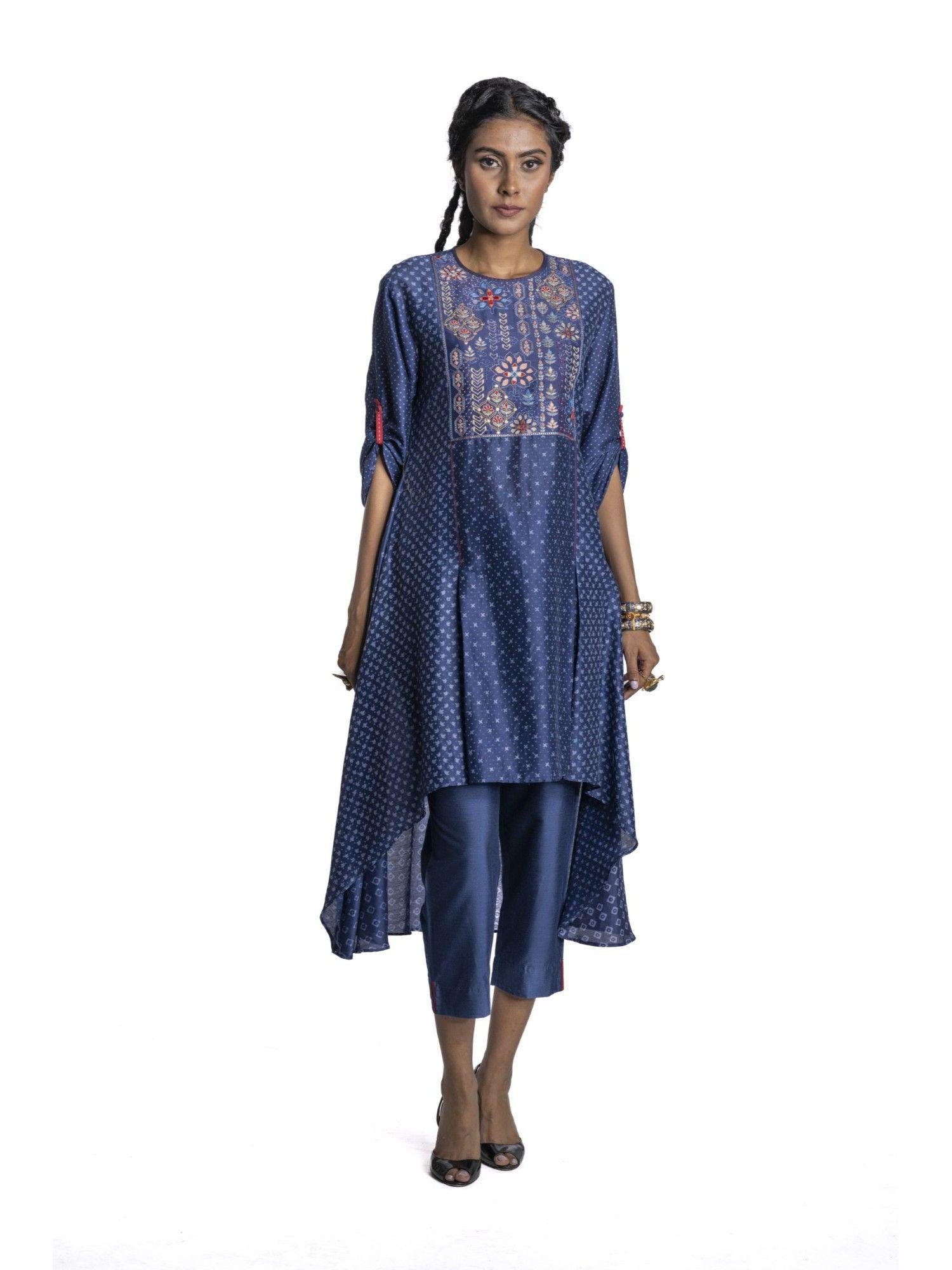 blue chanderi asymmetric kurta (set of 2)