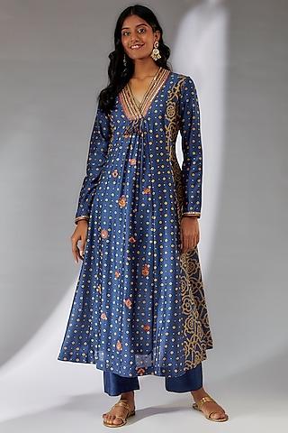 blue chanderi bandhani printed kurta set