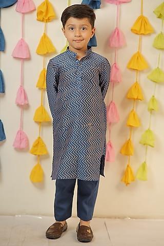 blue chanderi block printed kurta set for boys