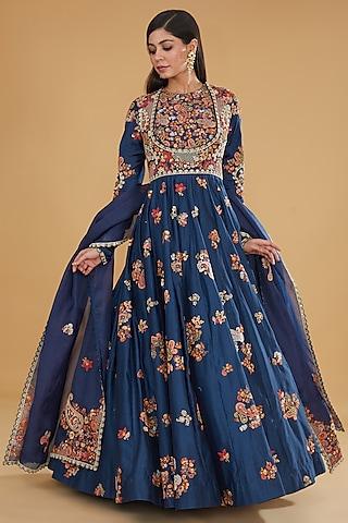 blue chanderi dori embroidered kalidar anarkali set