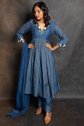 blue chanderi embellished gathered anarkali set