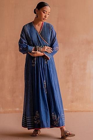 blue chanderi embroidered & printed kurta set