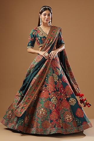 blue chanderi embroidered & printed lehenga set