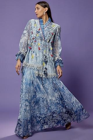 blue chanderi embroidered & printed tunic set