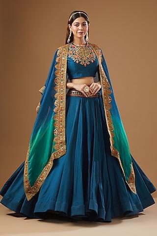 blue chanderi embroidered jacket lehenga set