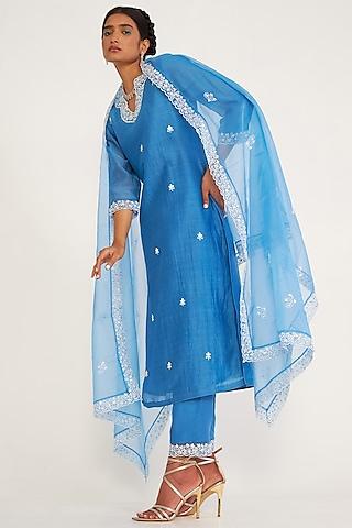 blue chanderi embroidered kurta set