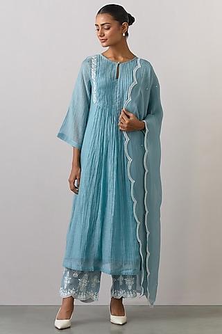 blue chanderi embroidered kurta set