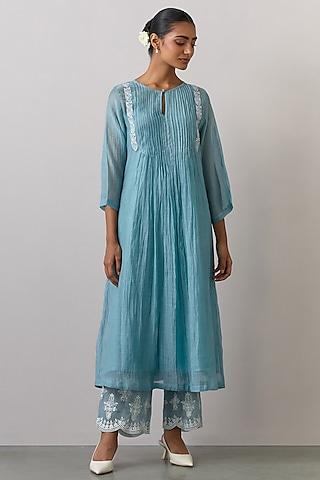 blue chanderi embroidered kurta set