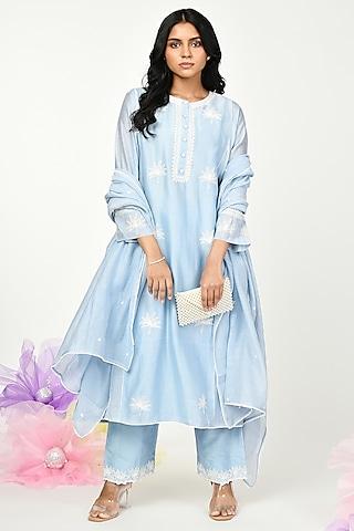 blue chanderi embroidered kurta set