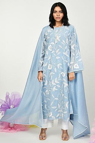 blue chanderi embroidered kurta set