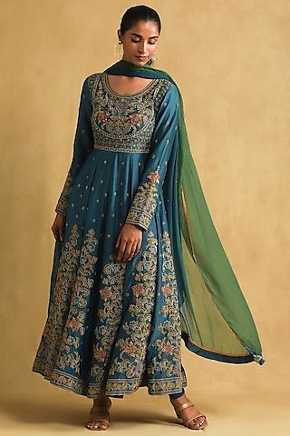 blue chanderi embroidered kurta set