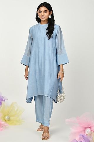 blue chanderi embroidered tunic set