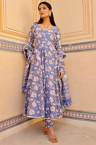 blue chanderi floral printed anarkali set