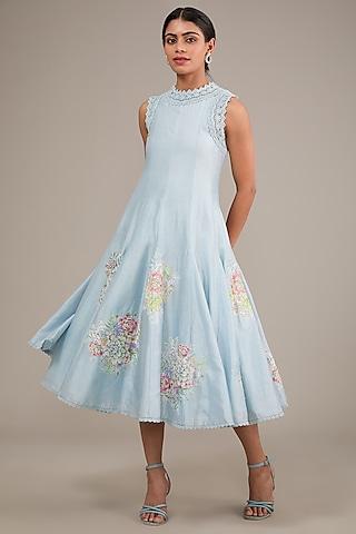 blue chanderi floral printed midi dress