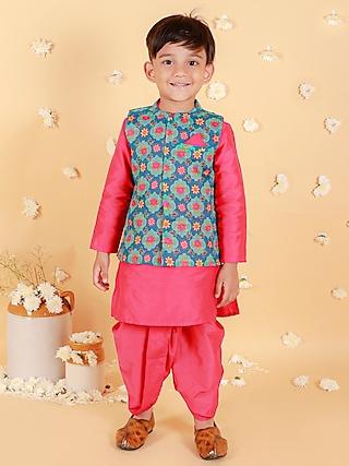 blue chanderi floral printed nehru jacket set for boys