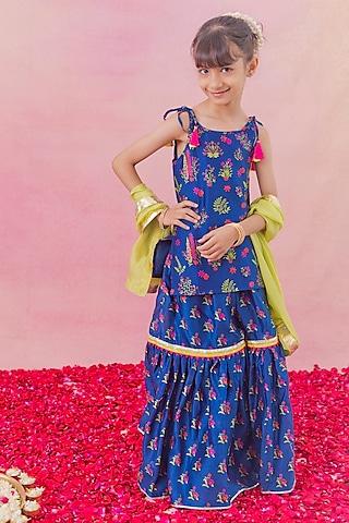 blue chanderi floral printed sharara set for girls