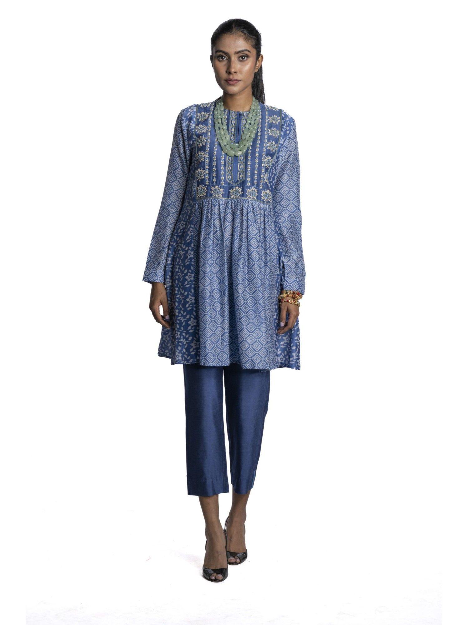 blue chanderi floral printed tunic (set of 2)