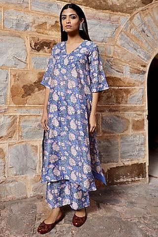 blue chanderi hand block floral printed kurta set