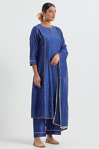 blue chanderi hand embroidered anarkali set