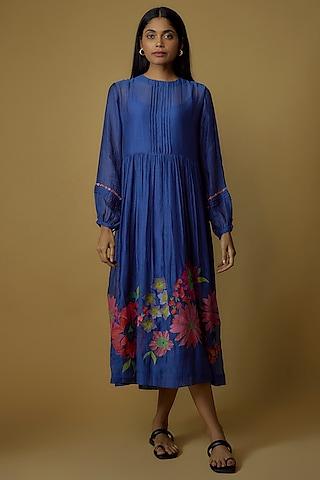 blue chanderi hand embroidered gathered dress