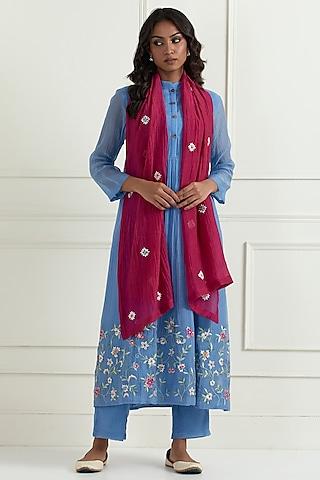 blue chanderi hand embroidered kurta set