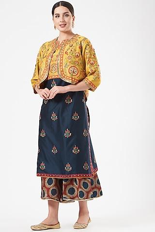 blue chanderi kurta set with jacket