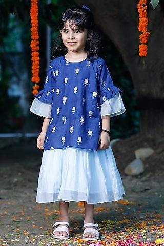 blue chanderi layered dress for girls