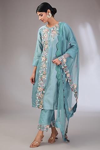 blue chanderi machine embroidered kurta set