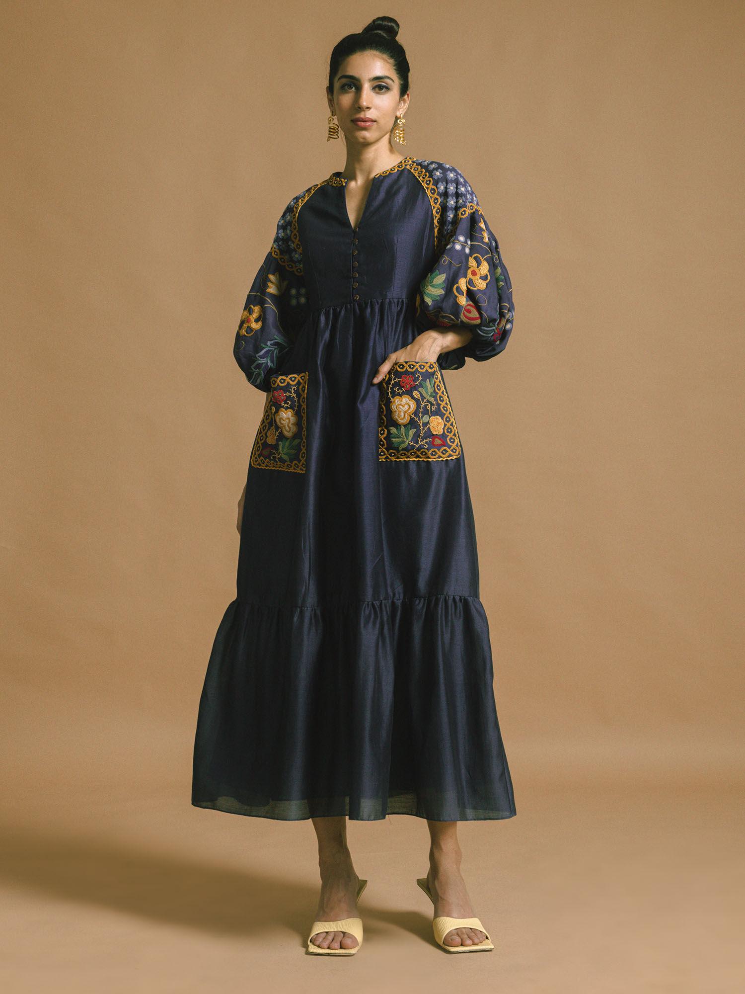 blue chanderi midi dress