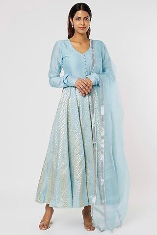 blue chanderi mukaish anarkali set