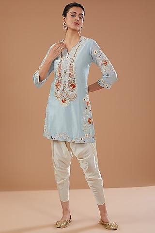 blue chanderi paisley embroidered short kurta set