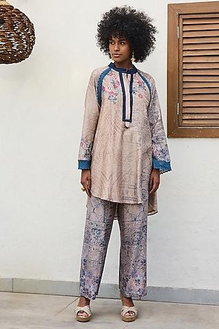 blue chanderi patchwork printed tunic set