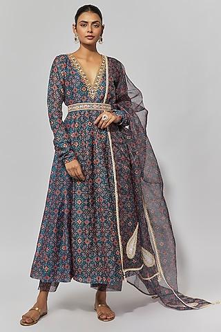 blue chanderi patola printed anarkali set