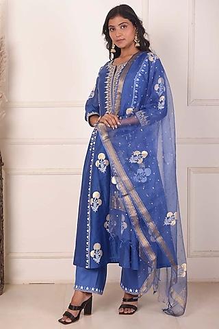 blue chanderi printed & embroidered anarkali set