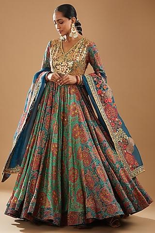 blue chanderi printed & embroidered anarkali set