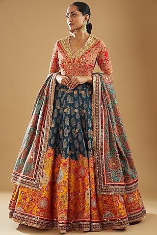 blue chanderi printed & embroidered lehenga set