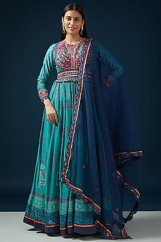 blue chanderi printed & hand embroidered anarkali set