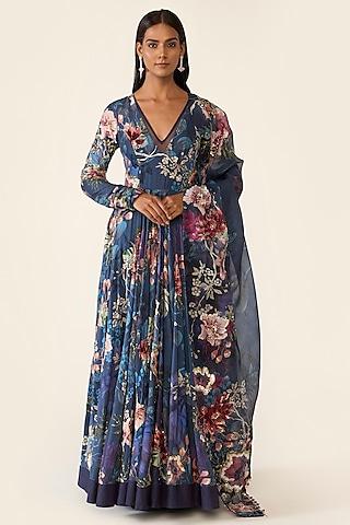 blue chanderi printed & sequins embroidered anarkali set