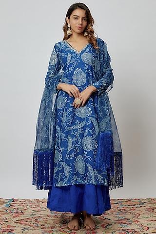 blue chanderi printed kurta set