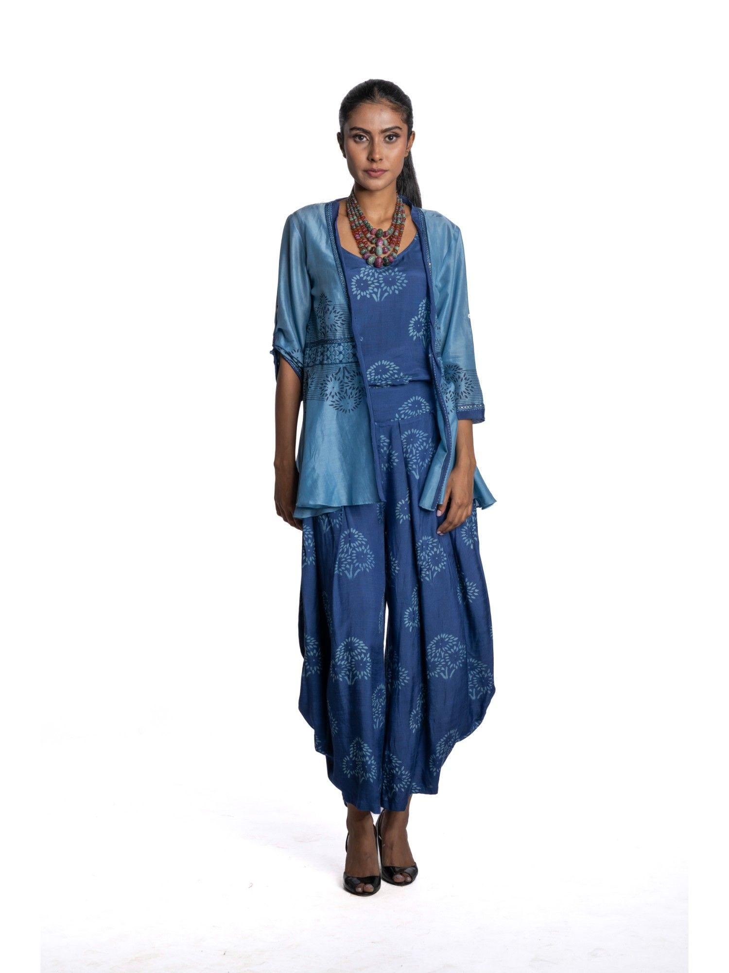 blue chanderi printed top with dhoti & jacket (set of 3)