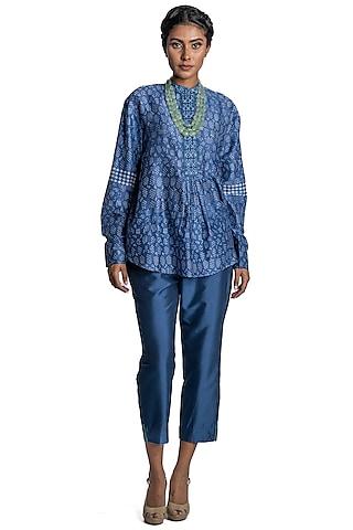 blue chanderi printed tunic set