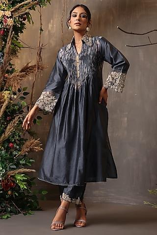 blue chanderi silk applique & cutwork embroidered shibori kurta set