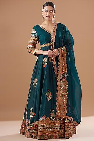 blue chanderi silk embroidered anarkali set