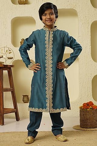 blue chanderi silk embroidered kurta set for boys